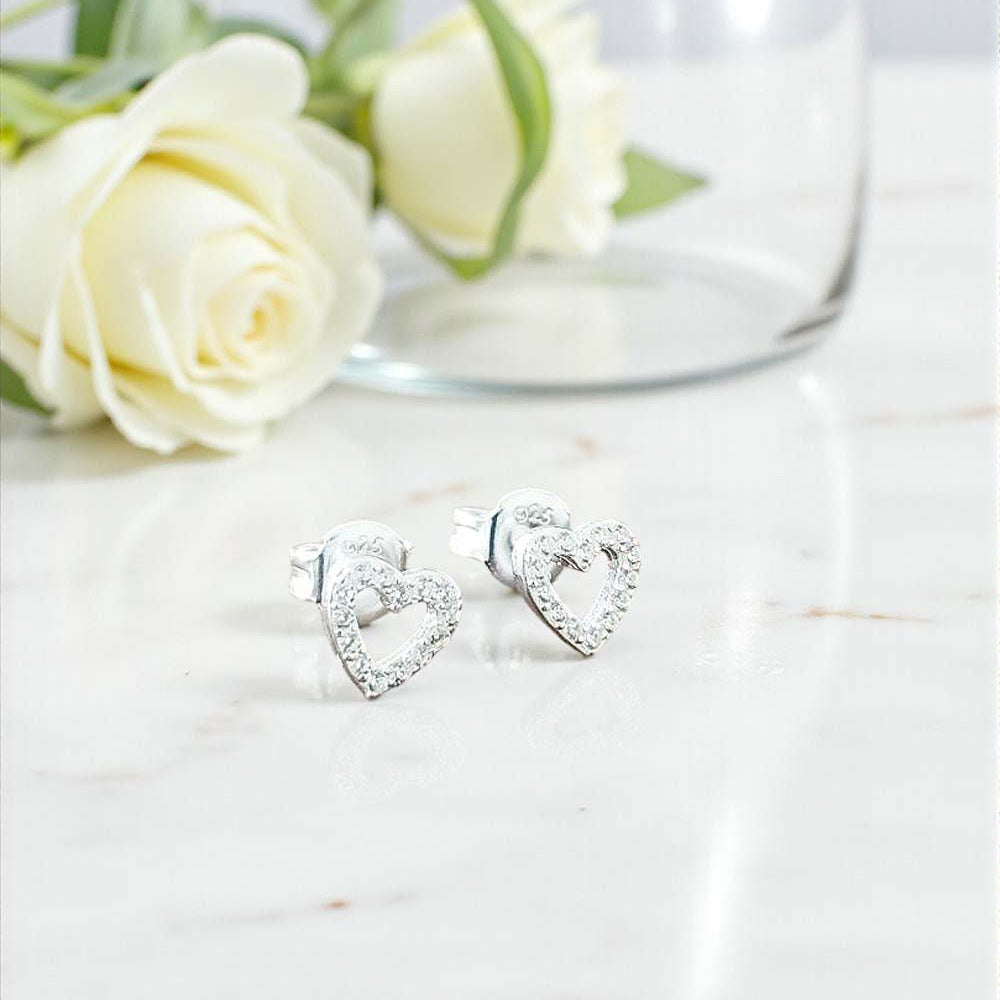 Granddaughter Gift, CZ Open Heart Stud Earrings Sterling Silver 925 | Personalised Jewellery Gift