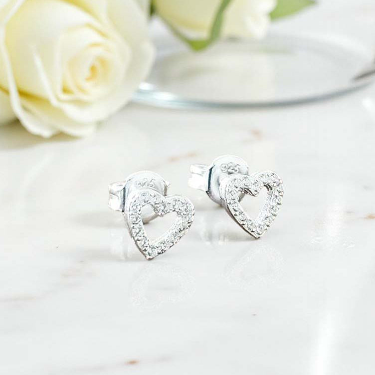 CZ Cluster Heart Stud Earrings in Sterling Silver 925 | Personalised Jewellery Gift