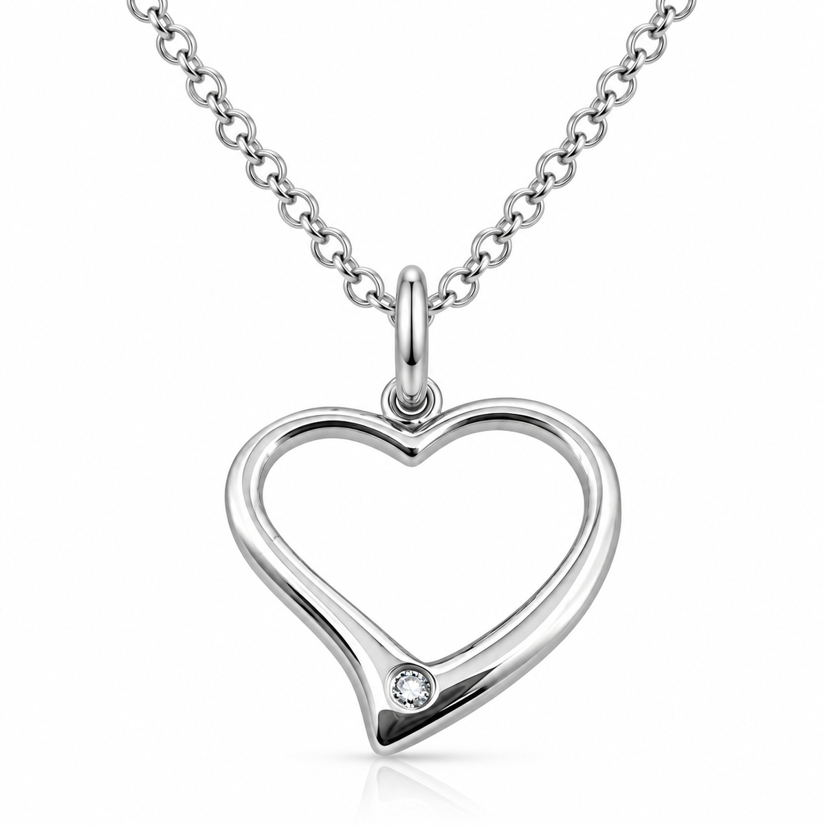 Sterling Silver CZ Open Heart Necklace with 15mm heart pendant
