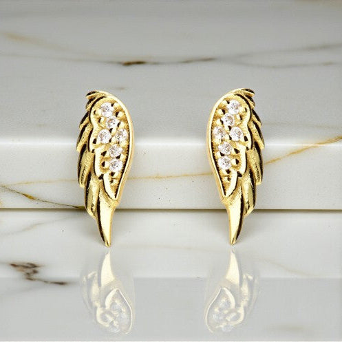 Angel Wing Stud Earrings | 14ct Gold Plated | Cubic Zirconia
