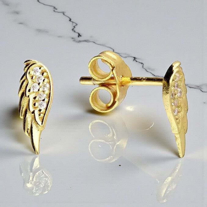 Angel Wing Stud Earrings | 14ct Gold Plated | Cubic Zirconia