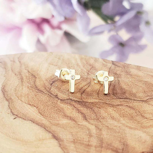 Gold CZ Cross Stud Earrings, 925 Sterling Silver