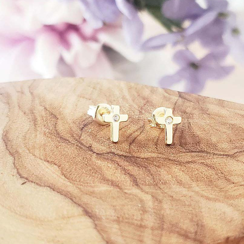 First Holy Communion Gift, Gold CZ Cross Earrings in Sterling Silver 925, Personalised Jewellery Gift