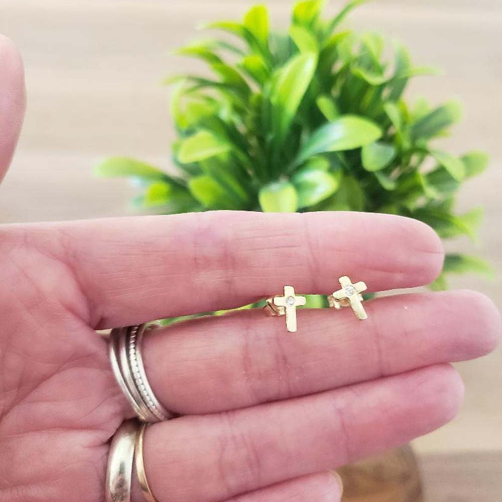 CZ Cross Stud Earrings | 14ct Yellow Gold Plated Sterling Silver 925 | Religious Jewellery Gift