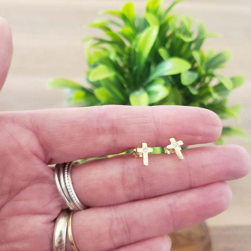 First Holy Communion Gift, Gold CZ Cross Earrings in Sterling Silver 925, Personalised Jewellery Gift