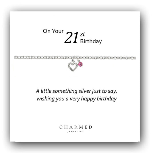 21st Birthday CZ Heart Bracelet with Birthstone in Sterling Silver 925, Personalised Jewellery Gift