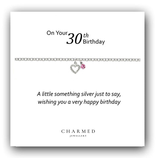 30th Birthday CZ Heart Bracelet with Birthstone in Sterling Silver 925, Personalised Jewellery Gift