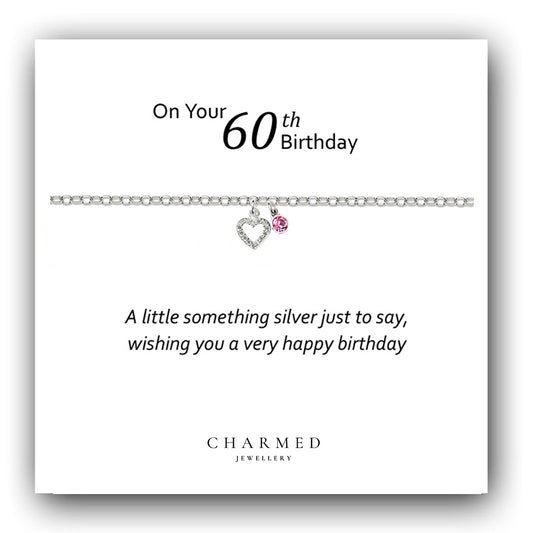 60th Birthday Puffy Heart Bracelet with Birthstone in Sterling Silver 925, Personalised Jewellery Gift