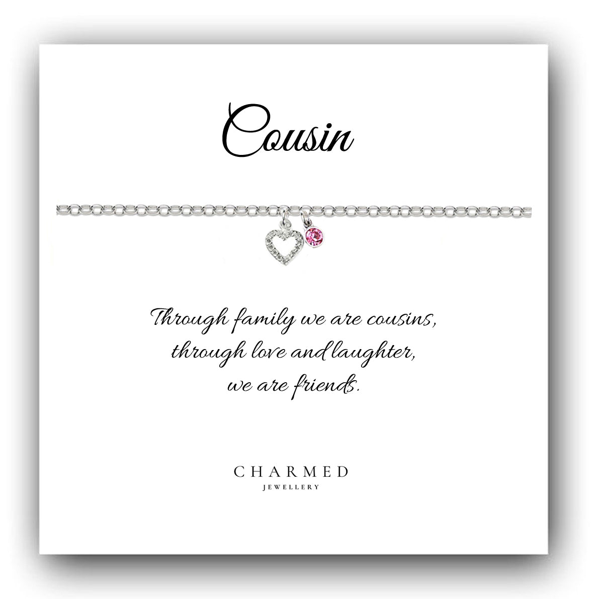 Cousin CZ Heart Bracelet with Birthstone in Sterling Silver 925, Personalised Gift