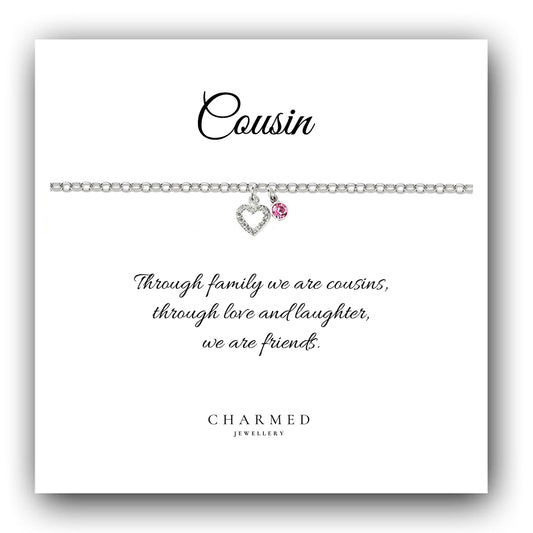 Cousin CZ Heart Bracelet with Birthstone in Sterling Silver 925, Personalised Gift