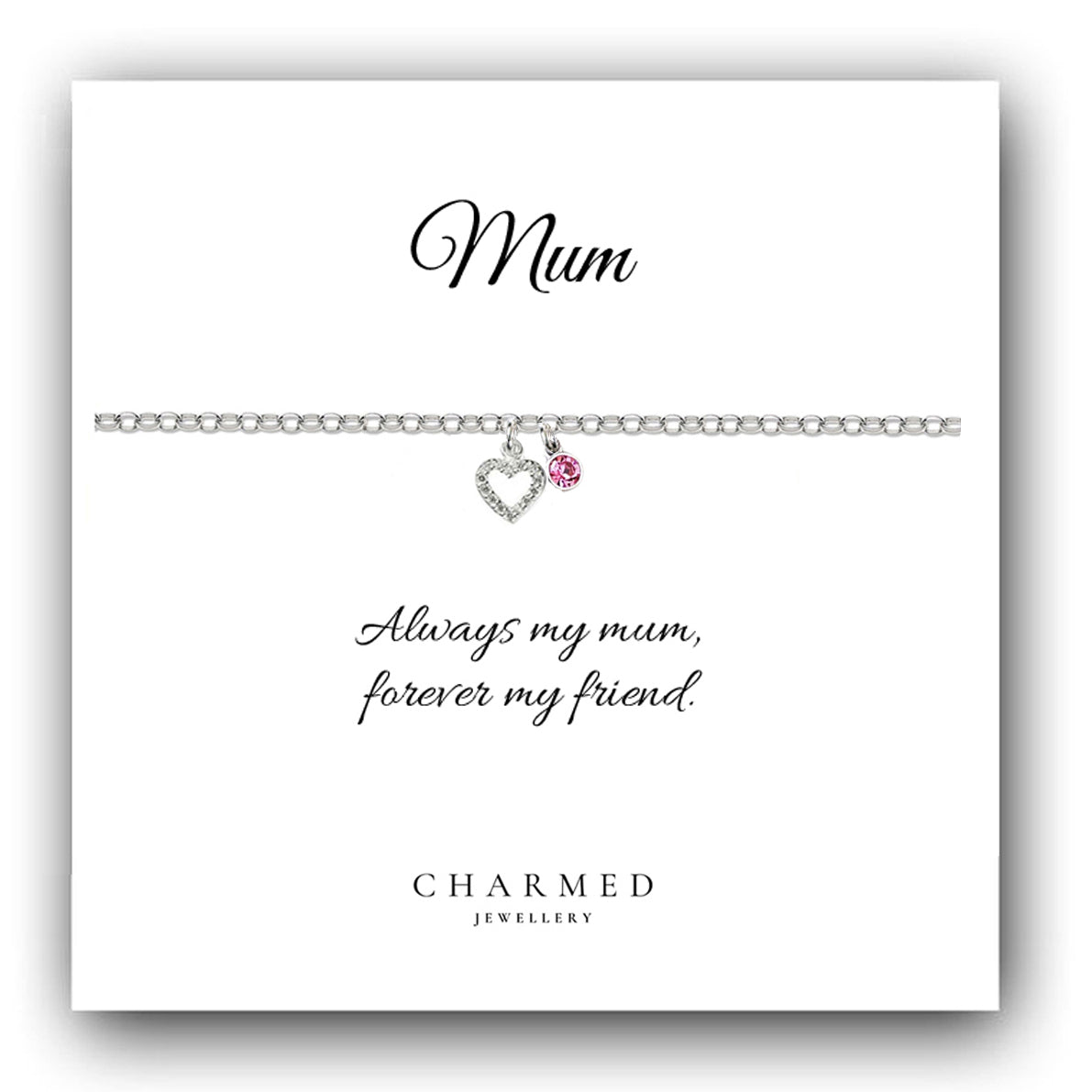 Mum CZ Heart Bracelet with Birthstone in Sterling Silver 925, Personalised Jewellery Gift