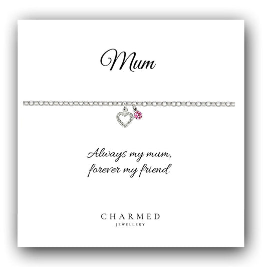 Mum CZ Heart Bracelet with Birthstone in Sterling Silver 925, Personalised Jewellery Gift