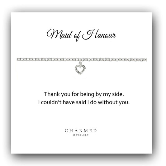 Maid of Honour Heart Bracelet with Cubic Zirconia in Sterling Silver 925, Personalised Jewellery Gift