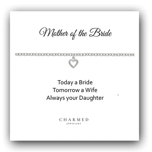 Mother of the Bride Heart Bracelet with Cubic Zirconia in Sterling Silver 925, Personalised Jewellery Gift
