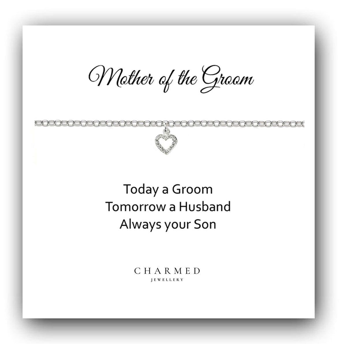 Mother of the Groom Heart Bracelet with Cubic Zirconia in Sterling Silver 925, Personalised Jewellery Gift