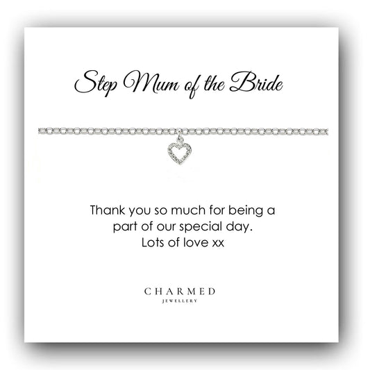 Step Mum of the Bride Heart Bracelet with Cubic Zirconia in Sterling Silver 925, Personalised Jewellery Gift