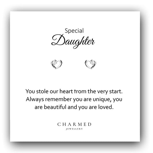Daughter Gift, CZ Heart Stud Earrings Sterling Silver 925, Personalised Jewellery Gift