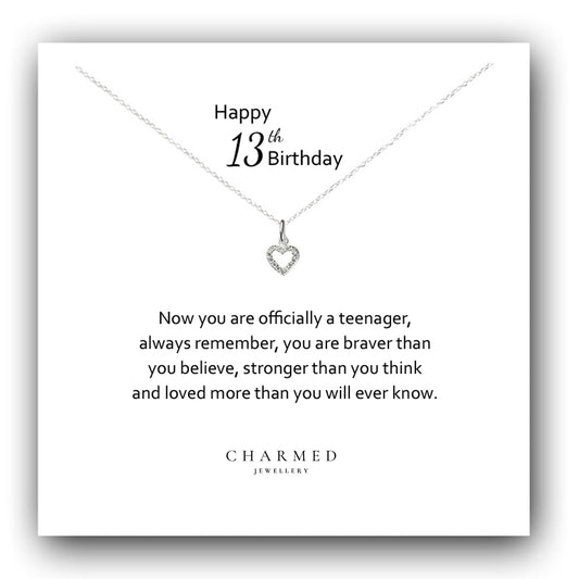 13th Birthday Heart Necklace with Cubic Zirconia in Sterling Silver 925, Personalised Jewellery Gift