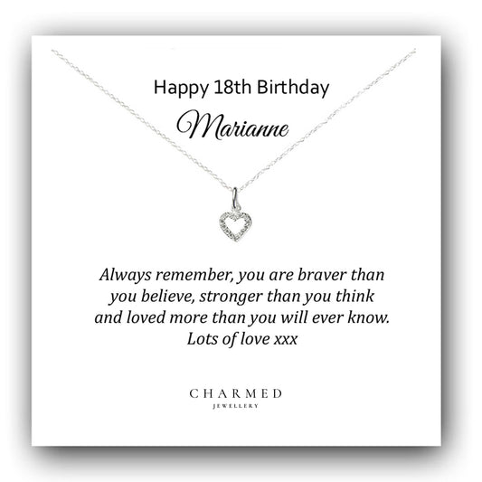 18th Birthday CZ Heart Necklace in Sterling Silver 925 - Personalised Jewellery Gift