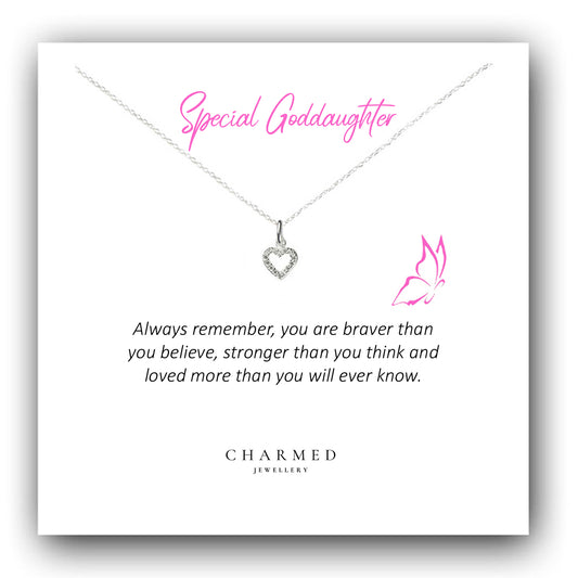 Goddaughter Gift, Heart Necklace with Cubic Zirconia in Sterling Silver 925, Personalised Jewellery Gift