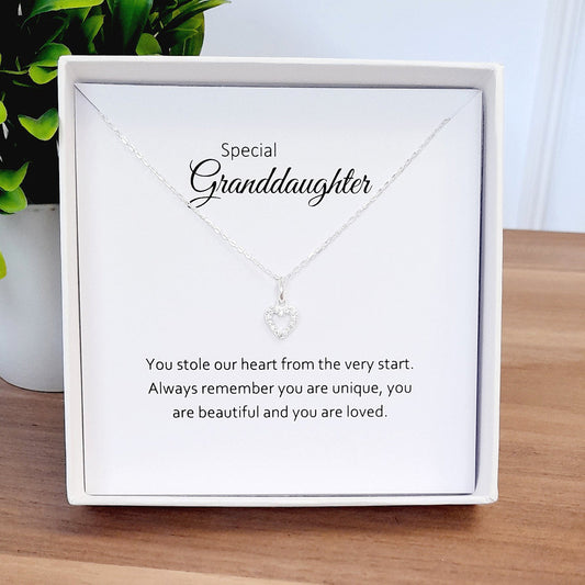 Granddaughter Heart Necklace with Cubic Zirconia in Sterling Silver 925 | Personalised Jewellery Gift