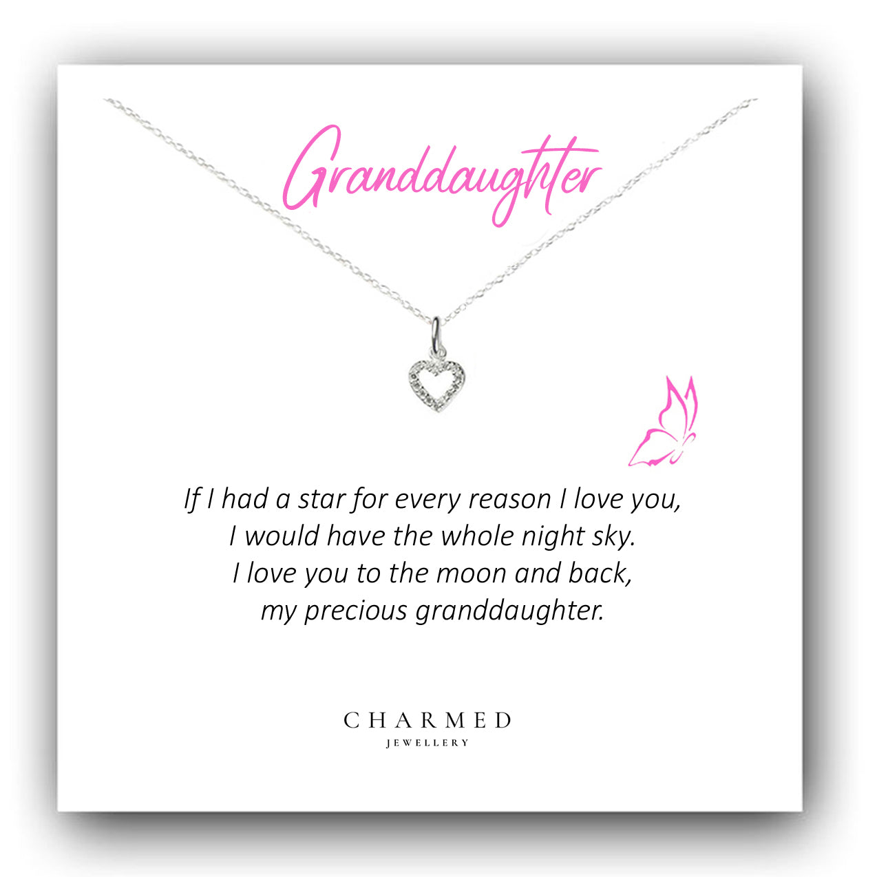 Granddaughter Heart Necklace with Cubic Zirconia in Sterling Silver 925, Personalised Jewellery Gift
