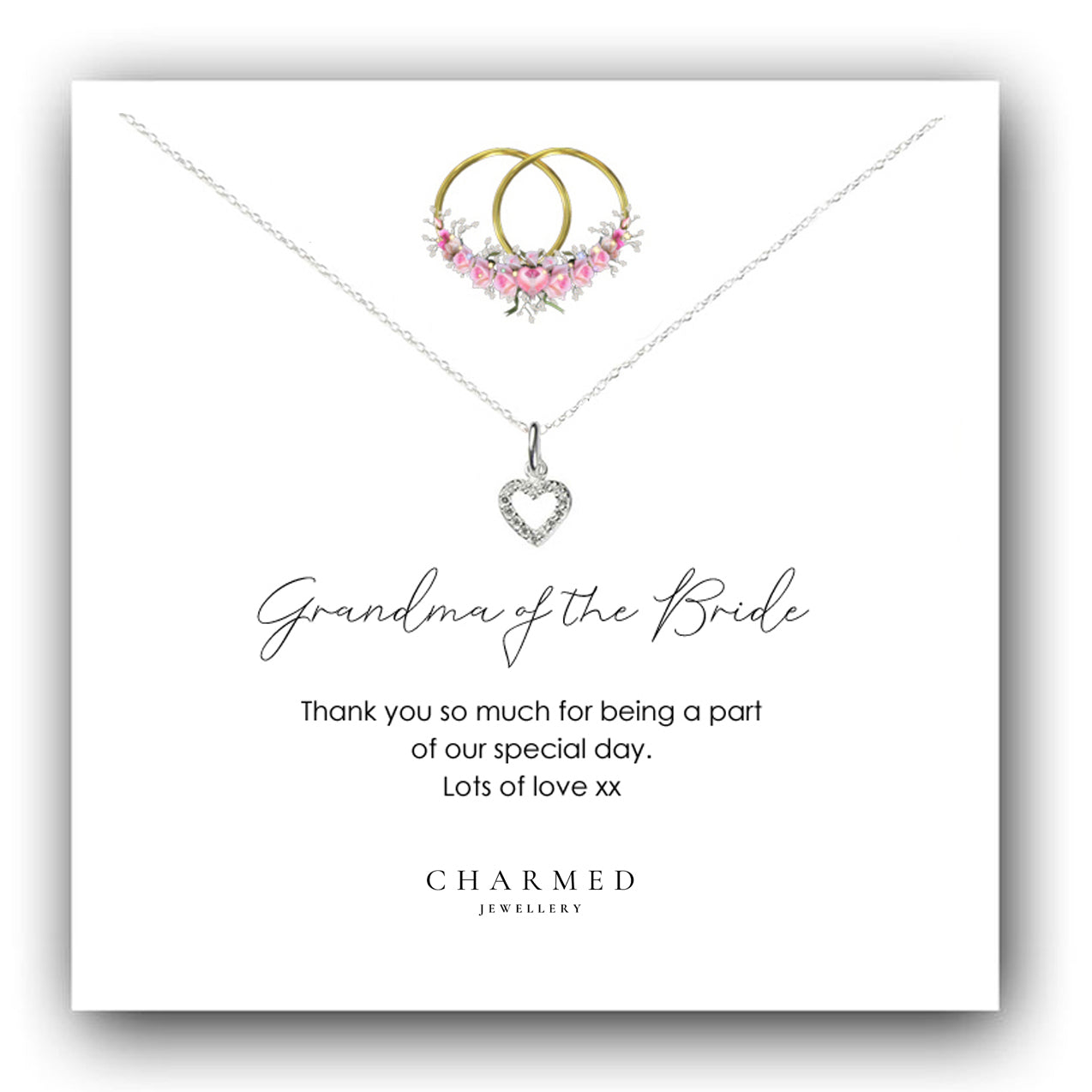 Grandma of the Bride Heart Necklace with Cubic Zirconia in Sterling Silver 925, Personalised Gift
