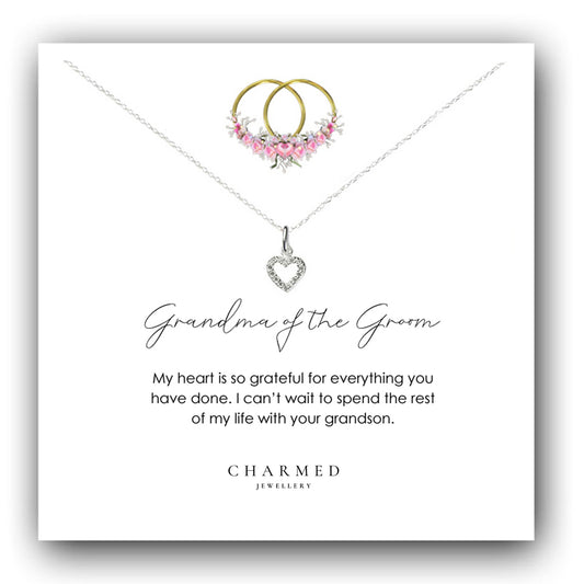 Grandma of the Groom Heart Necklace with Cubic Zirconia in Sterling Silver 925, Personalised Jewellery Gift