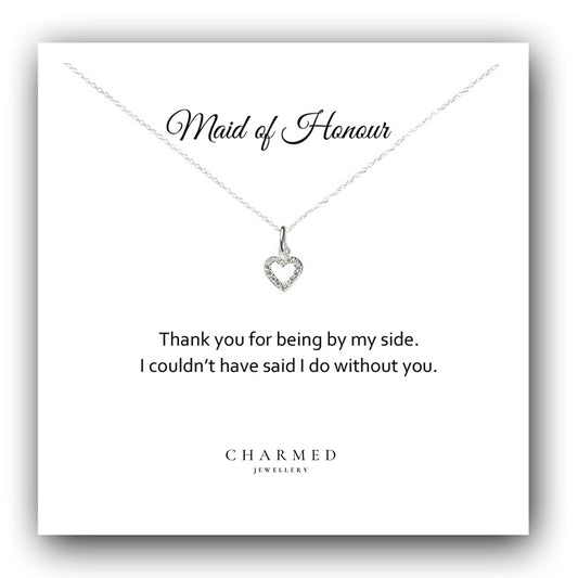 Maid of Honour Gift CZ Heart Necklace in Sterling Silver 925, Personalised Jewellery Gift