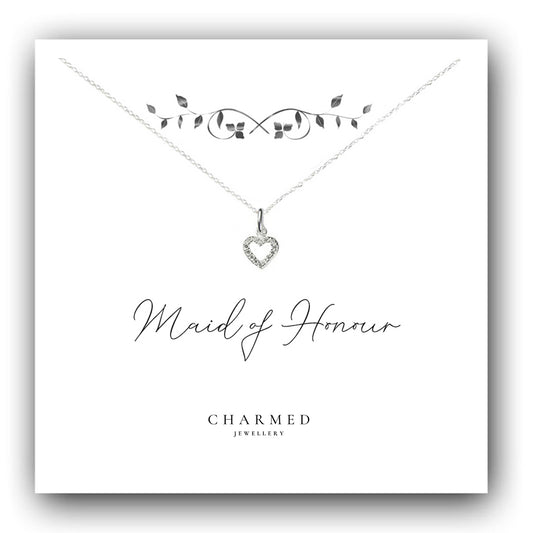 Maid of Honour Heart Necklace with Cubic Zirconia in Sterling Silver 925, Personalised Gift