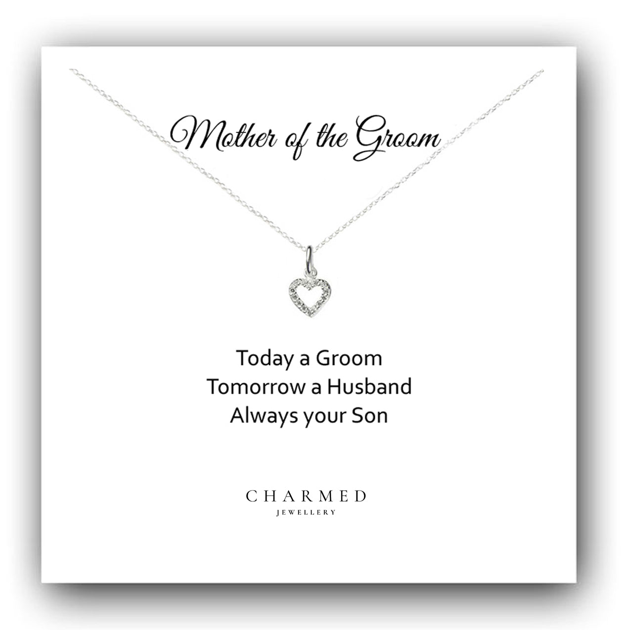 Mother of the Groom Heart Necklace with Cubic Zirconia in Sterling Silver 925, Personalised Gift