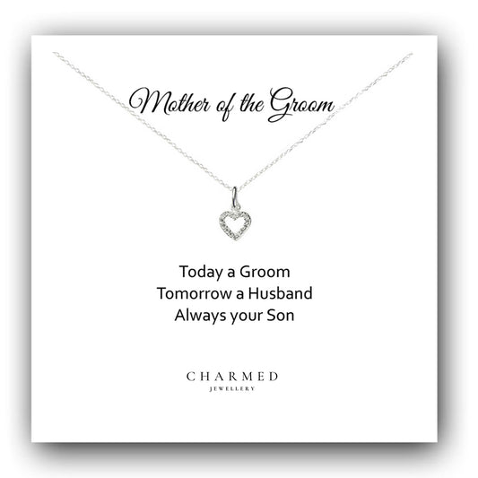 Mother of the Groom Heart Necklace with Cubic Zirconia in Sterling Silver 925, Personalised Gift