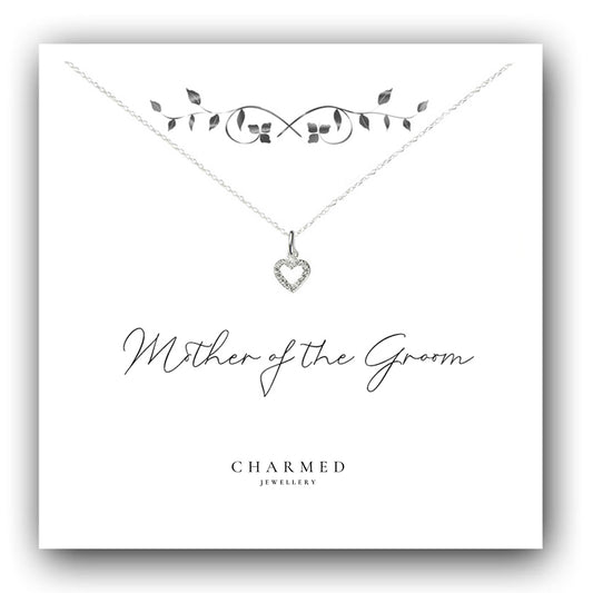 Mother of the Groom Heart Necklace with Cubic Zirconia in Sterling Silver 925, Personalised Gift