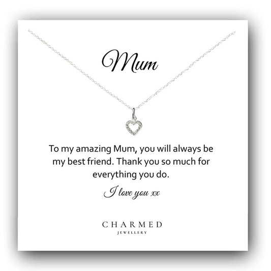 Mum Heart Necklace with Cubic Zirconia in Sterling Silver 925, Personalised Jewellery Gift