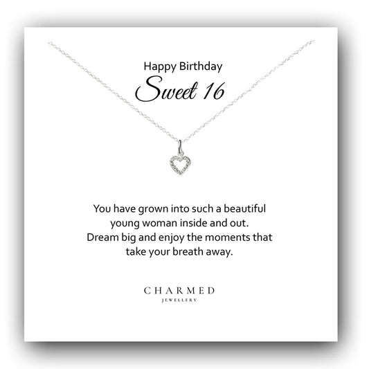 Sweet 16 Heart Necklace with Cubic Zirconia in Sterling Silver 925, Personalised Jewellery Gift