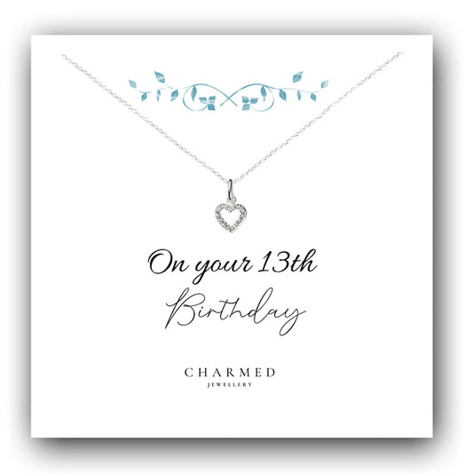 13th Birthday Heart Necklace with Cubic Zirconia in Sterling Silver 925, Personalised Jewellery Gift