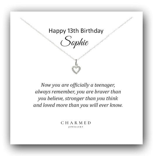 13th Birthday Heart Necklace with Cubic Zirconia in Sterling Silver 925, Personalised Jewellery Gift