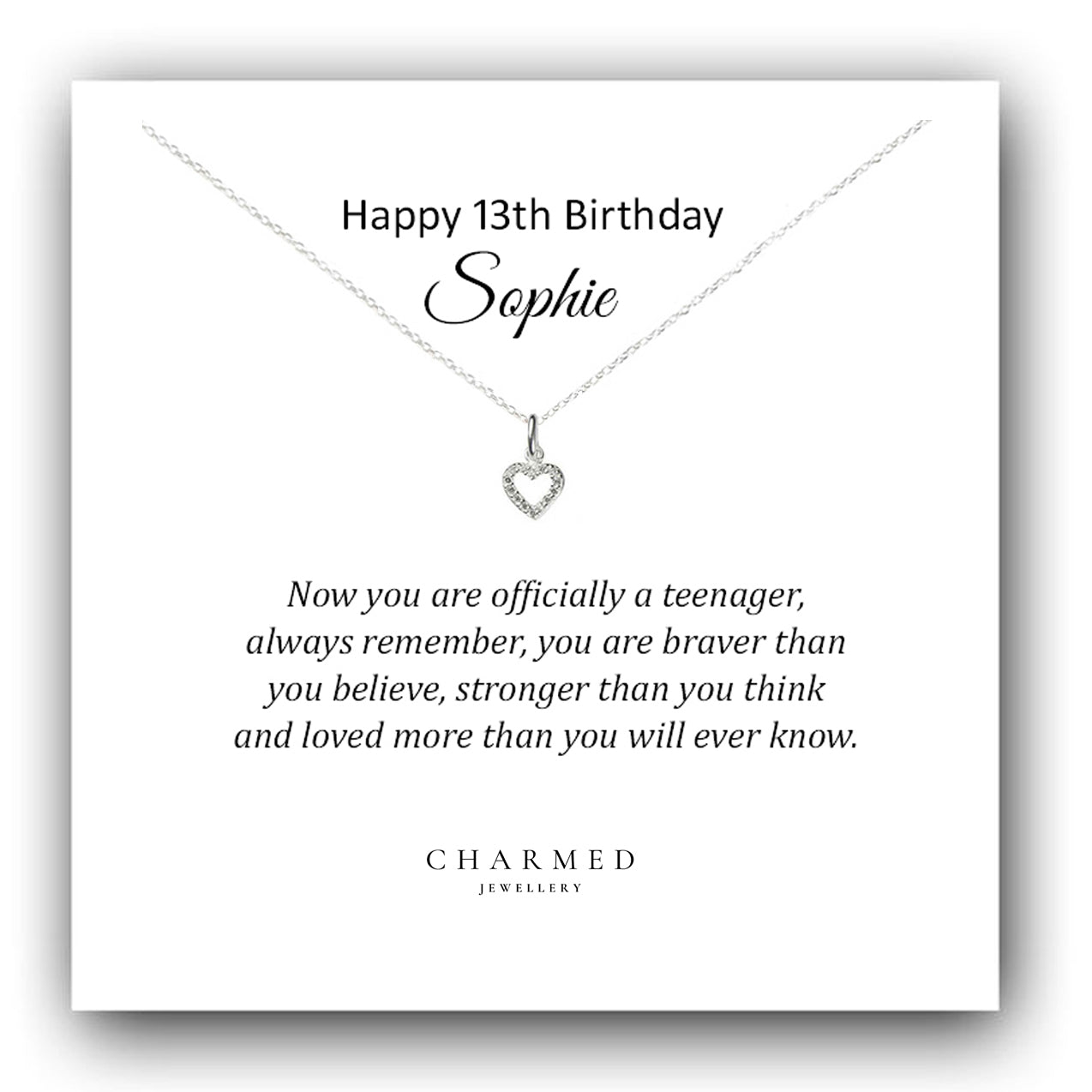 13th Birthday Heart Necklace with Cubic Zirconia in Sterling Silver 925, Personalised Jewellery Gift
