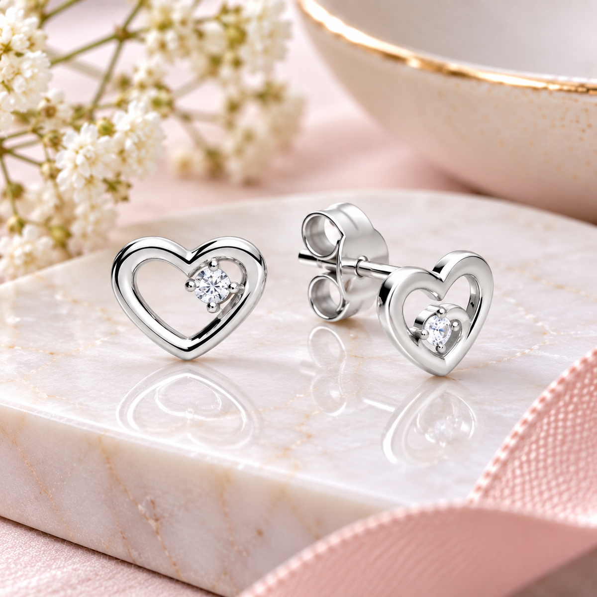 CZ Open Heart Stud Earrings in 925 sterling silver