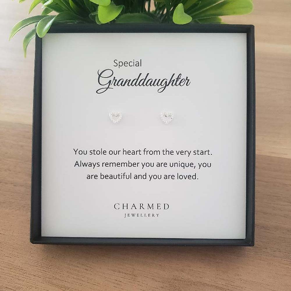 Granddaughter Gift, CZ Open Heart Stud Earrings Sterling Silver 925, Personalised Jewellery Gift