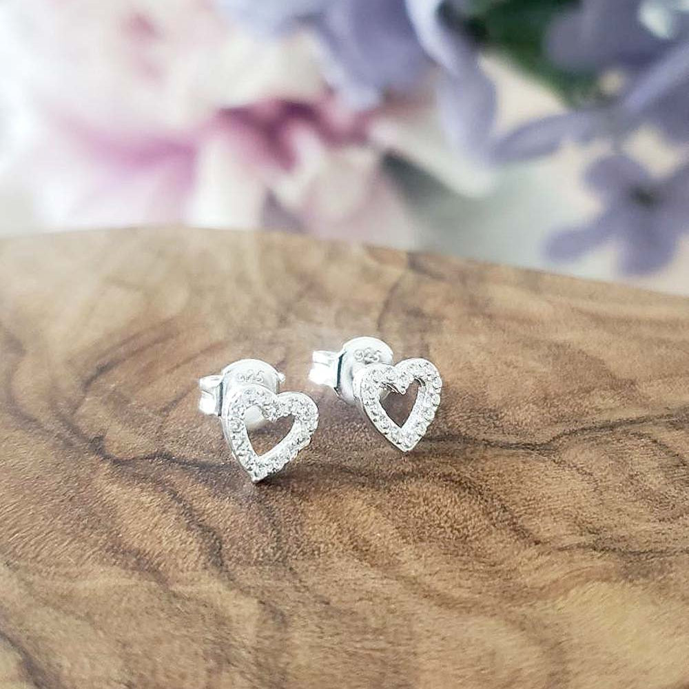 CZ Open Heart Stud Earrings 925 Sterling Silver
