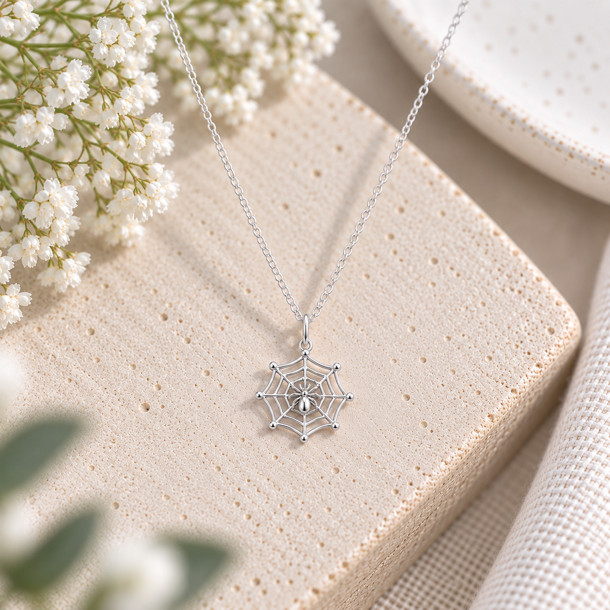 925 Sterling Silver Spider and Cobweb Necklace – gothic jewellery gift