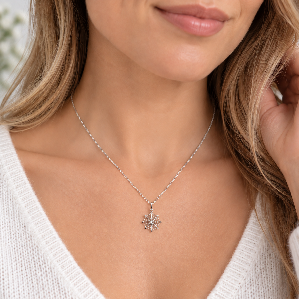 Sterling Silver Cobweb and Spider Necklace worn by model