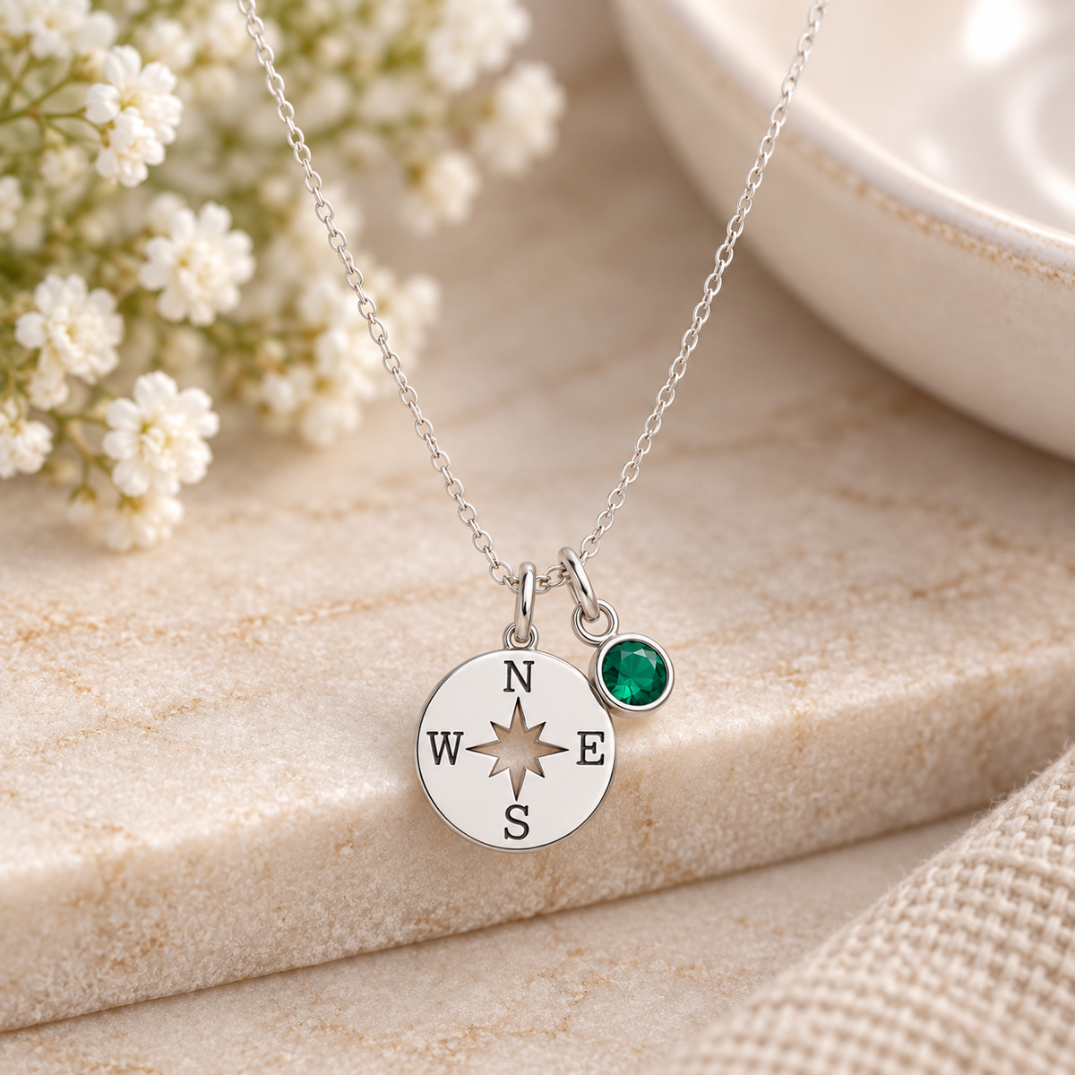 Sterling Silver Compass Necklace with crystal birthstone