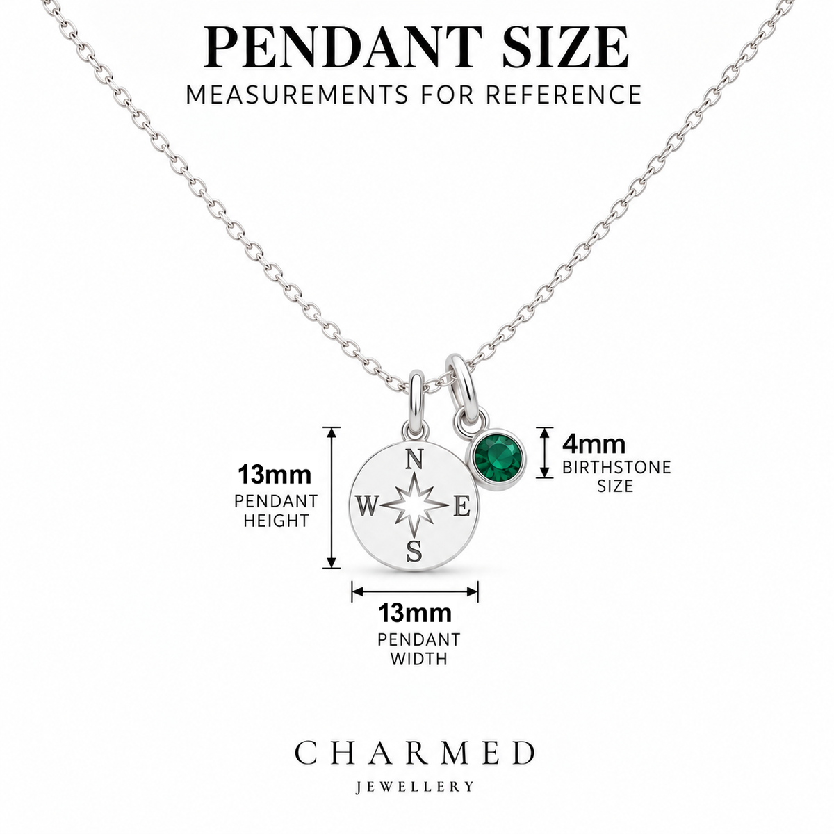 Compass Necklace with Birthstone measurement guide – 13mm sterling silver pendant