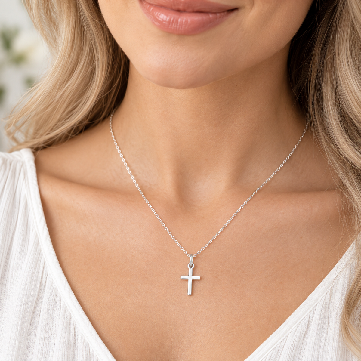 Sterling Silver Cross Necklace worn by model – Goddaughter gift