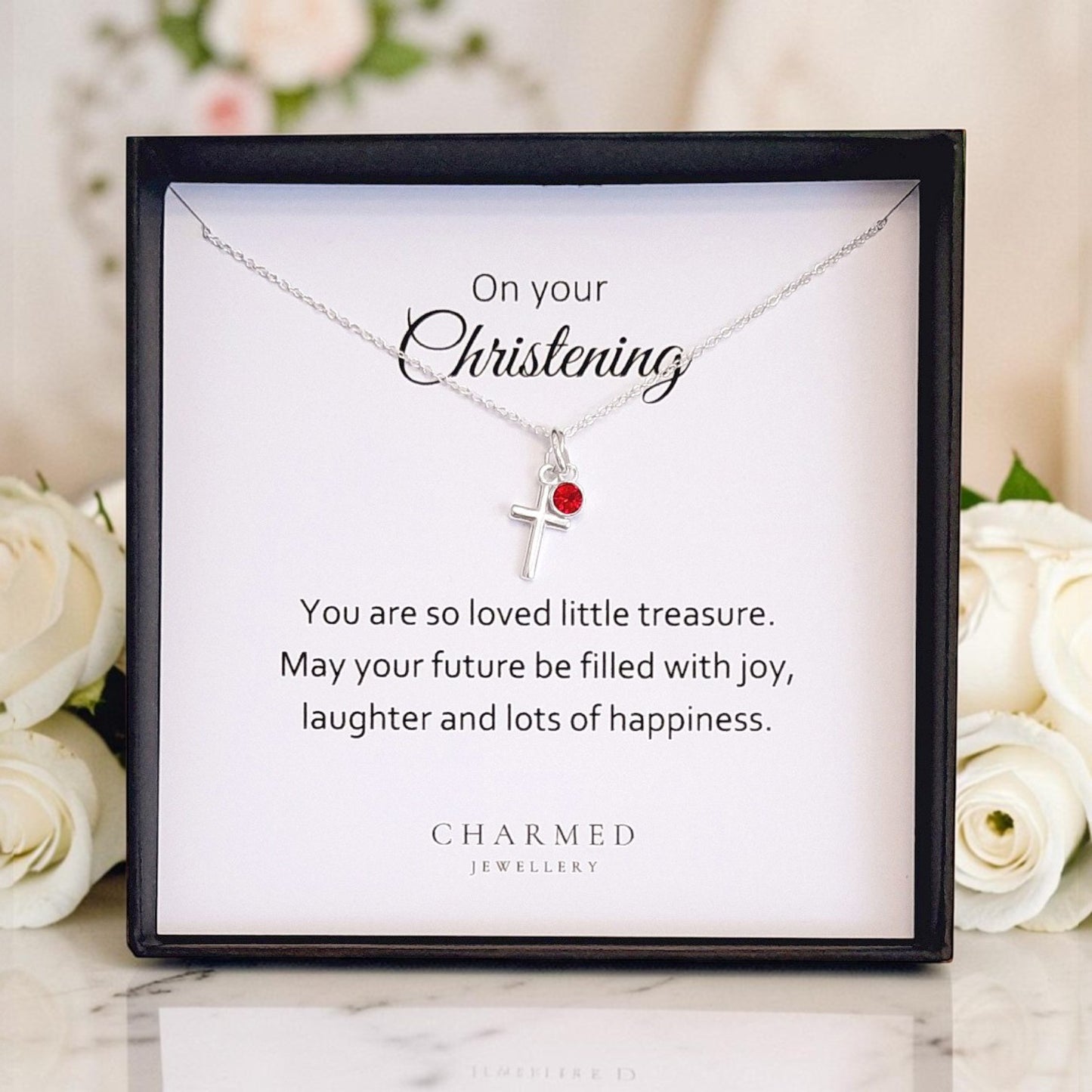 Christening Gift | Cross Necklace with Birthstone Silver 925 | Personalised Message Card Jewellery