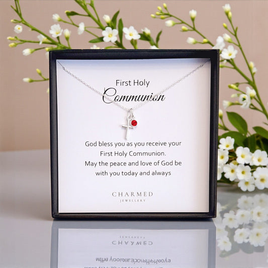 First Holy Communion Gift | Cross Necklace with Birthstone 925 Sterling Silver | Personalised Jewellery Gift