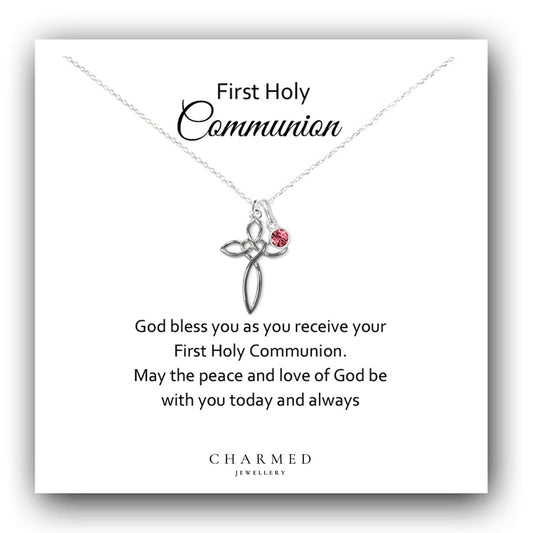First Holy Communion Eternity Heart Cross Necklace with Birthstone in Sterling Silver 925, Personalised Gift