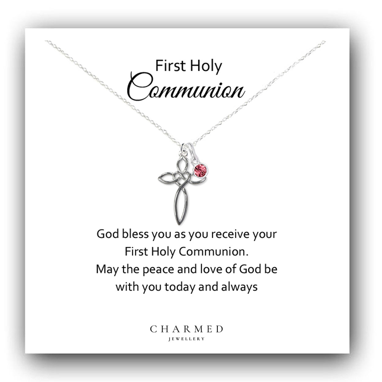 First Holy Communion Eternity Heart Cross Necklace with Birthstone in Sterling Silver 925, Personalised Gift